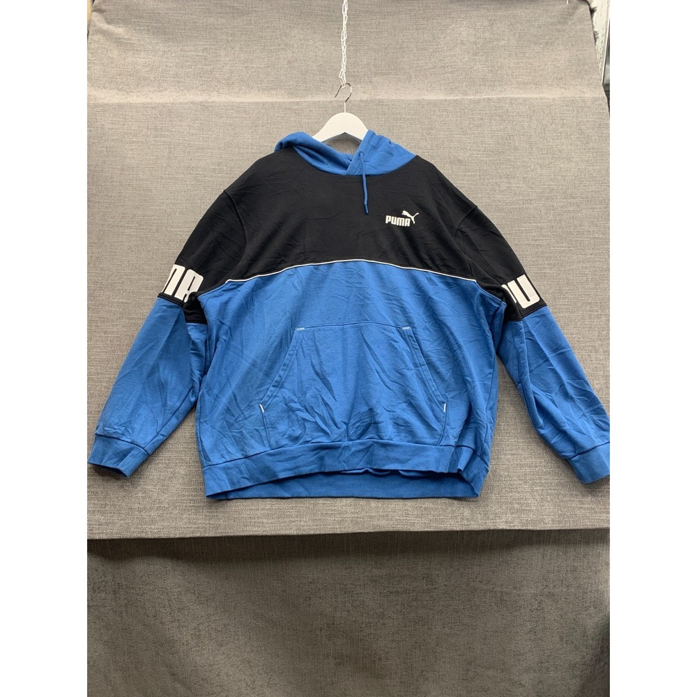 Puma Power Hoodie Men 2XL Blue Black Colorblock Graphic Logo Cotton Gym Training